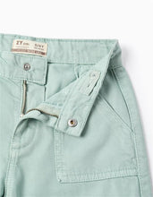 Carregar imagem no visualizador da galeria, Calças de Sarja com Bolsos Cargo para Menina &#39;Wide Leg&#39;, Verde Água Zippy
